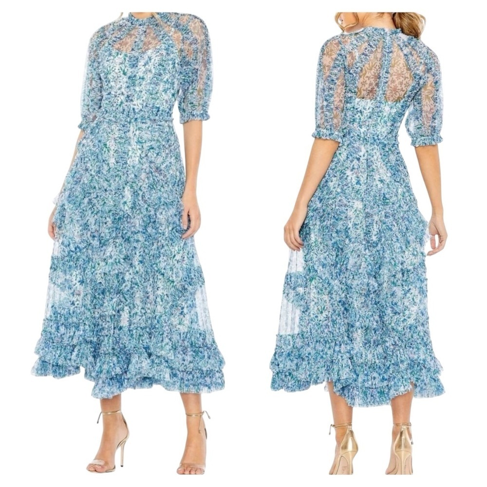 Mac Duggal 8011 Blue Floral Mesh Puff Sleeve Midi Dress Size 18 NWOT